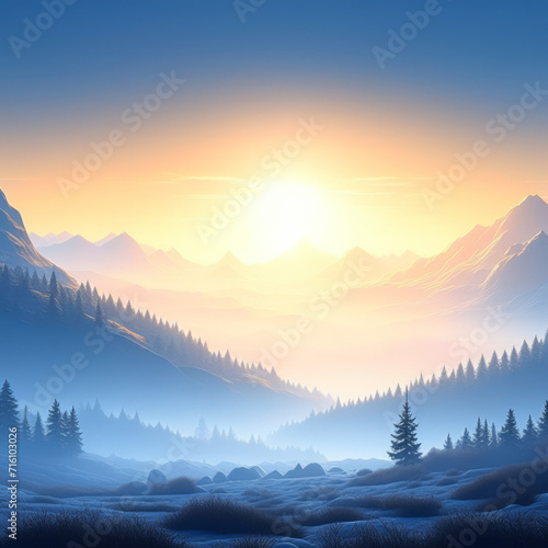 Sunset in the mountains , A tranquil scene silhouette of snow-covered mountains dawn breaks through thick fog © sravanthi