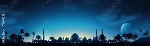 Domed mosque at night with moonlight, background illustration copy space Islamic holidays and the month of Ramadan. 