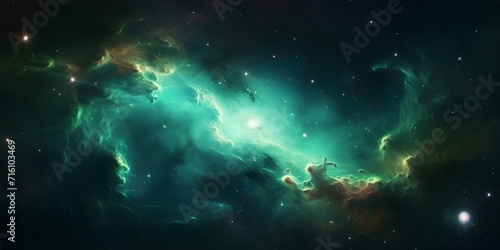 Colorful green space galaxy cloud nebula. Stary night cosmos. Universe science astronomy. Supernova background wallpaper  Generative AI