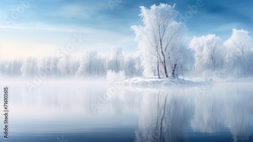 A peaceful winter morning with a thick blanket of fog embracing the frozen lake, creating a soft and mystical atmosphere.