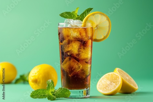 Green background highball glass Long Island ice tea cocktail with vodka rum tequila gin liquor lemon juice cola ice lemon slice and mint
