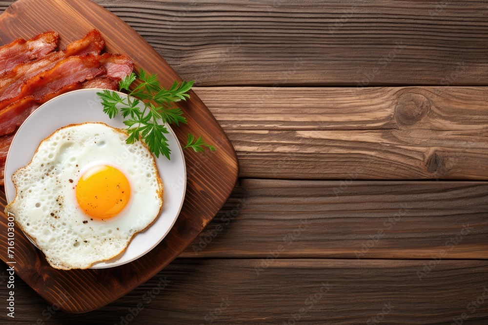 Wooden table with fried eggs bacon copy space Traditional keto breakfast concept Good morning Wooden table with fried eggs bacon copy space Traditional keto breakfast concept Good morning
