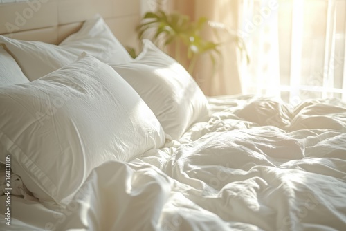 Close up of a well made bed with pristine white pillows and sheets in a beautiful room bathed in sunlight with lens flare