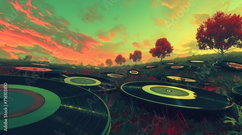 Immerse yourself in a surreal landscape where old records take on new life swirling and spinning in a dreamy retro dreamscape