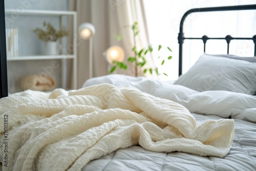 Close up of white bedding on iron frame with mattress