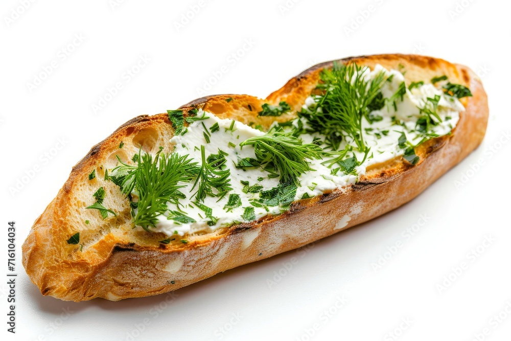 Isolated cream cheese and herb covered crunchy baguette slice Isolated cream cheese and herb covered crunchy baguette slice