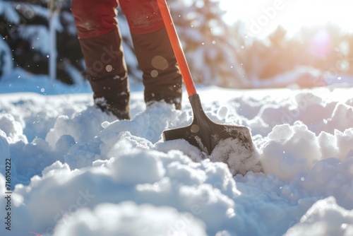 Closeup of outdoor snow shoveling in sunny winter weather
