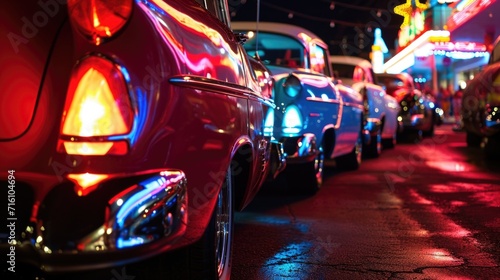 A line of retro 1950s cars their chrome details reflecting the neon signs that light up the street photo