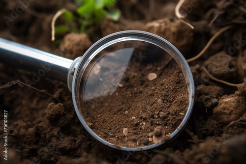 View of soil pollution through a magnifying glass, emphasizing environmental degradation. Generative AI