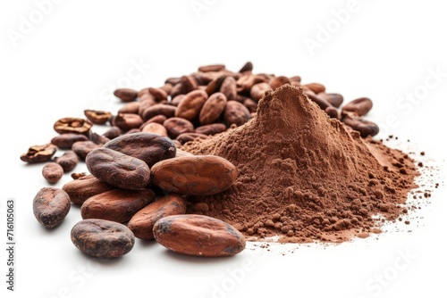 Cocoa powder from beans and mass isolated on white