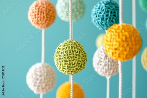 Close up of a handcrafted crib mobile with rattan balls on a turquoise backdrop