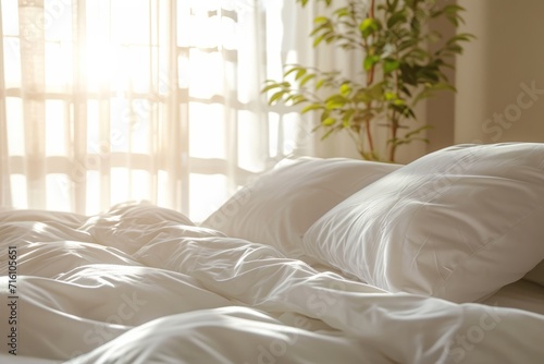 A photo of a bed with green and white linen pillows and a blanket in a sunny bedroom A black side table with vases and flowers is nearby © LimeSky