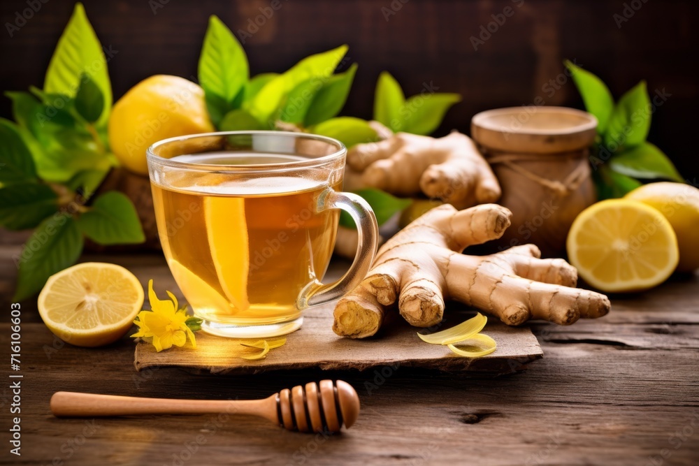 Cozy tea with lemon and honey on a wooden tray Cozy tea with lemon and honey on a wooden tray