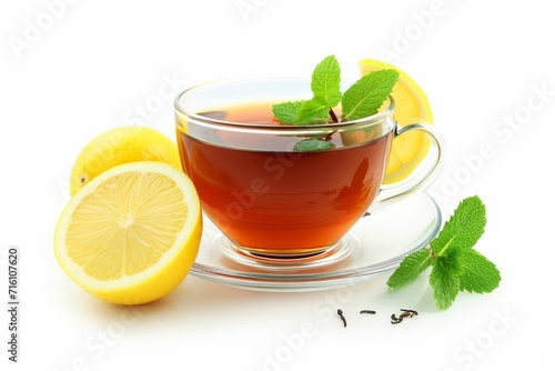 Isolated cup with mint and lemon tea on white background