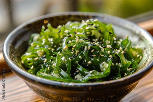 Seaweed salad with sesame seeds in black bowl.