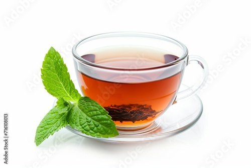 White background with cup of tea and mint leaf
