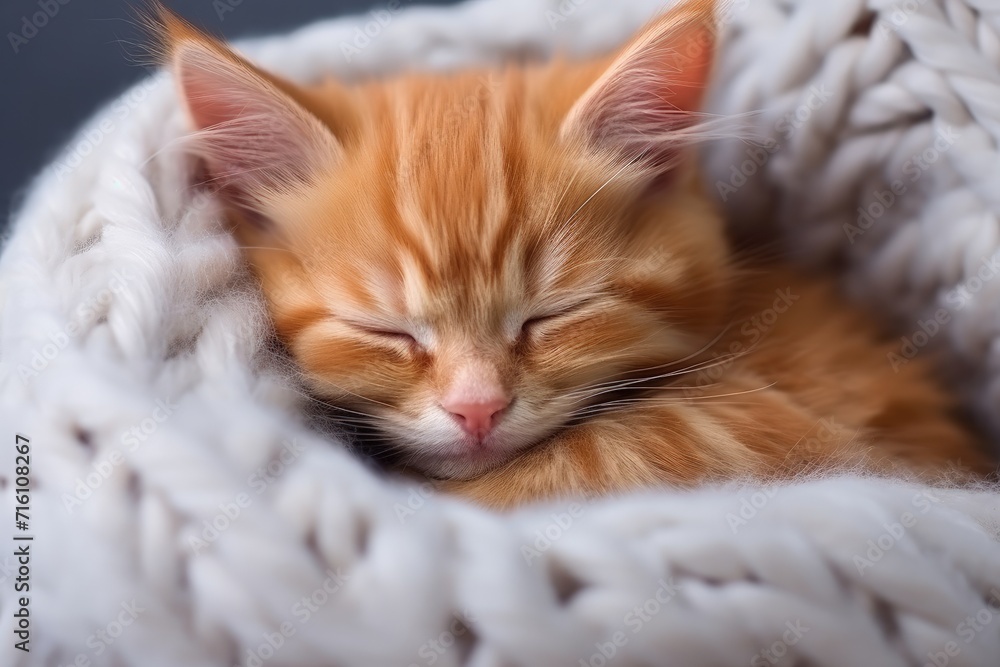 Tiny red kitty naps on white fur blanket