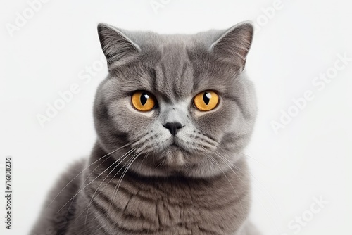 Striped gray cat portrait with orange eyes on white background Suitable for billboards signage ads Serious thoughtful expression Purebred with copy spac