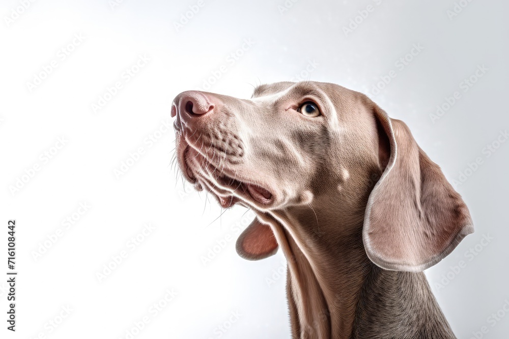 Studio photo of a stunning purebred weimaraner dog posing alone on white backdrop Captures drinking water and licking drops signifying movement pet affe