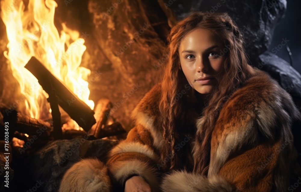 A woman in a fur coat sitting by a fire in a cave. Generative AI.
