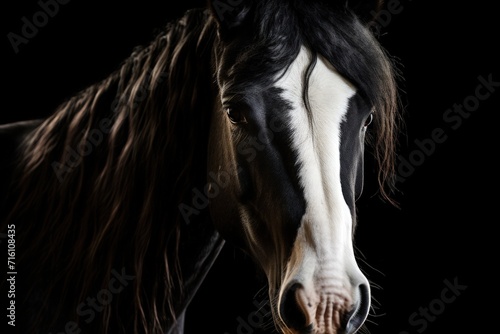 Close up portrait of a black and white horse