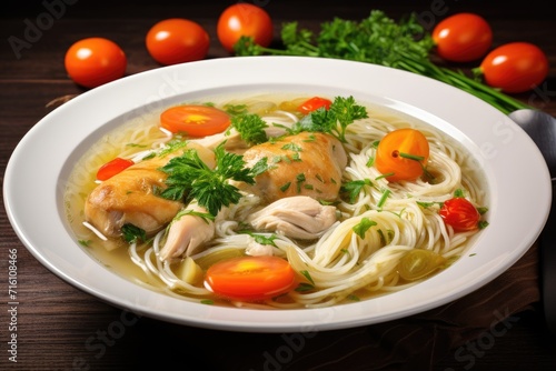 Chicken noodle soup with veggies served in a white bowl