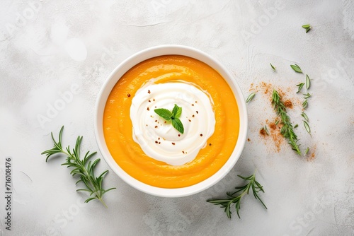 Creamy pumpkin soup on marble background with top view