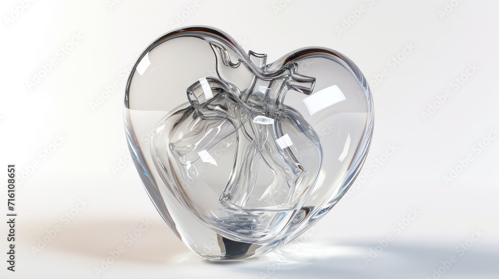 Heart-shaped transparent glass, white background Heart-shaped transparent glass, white background