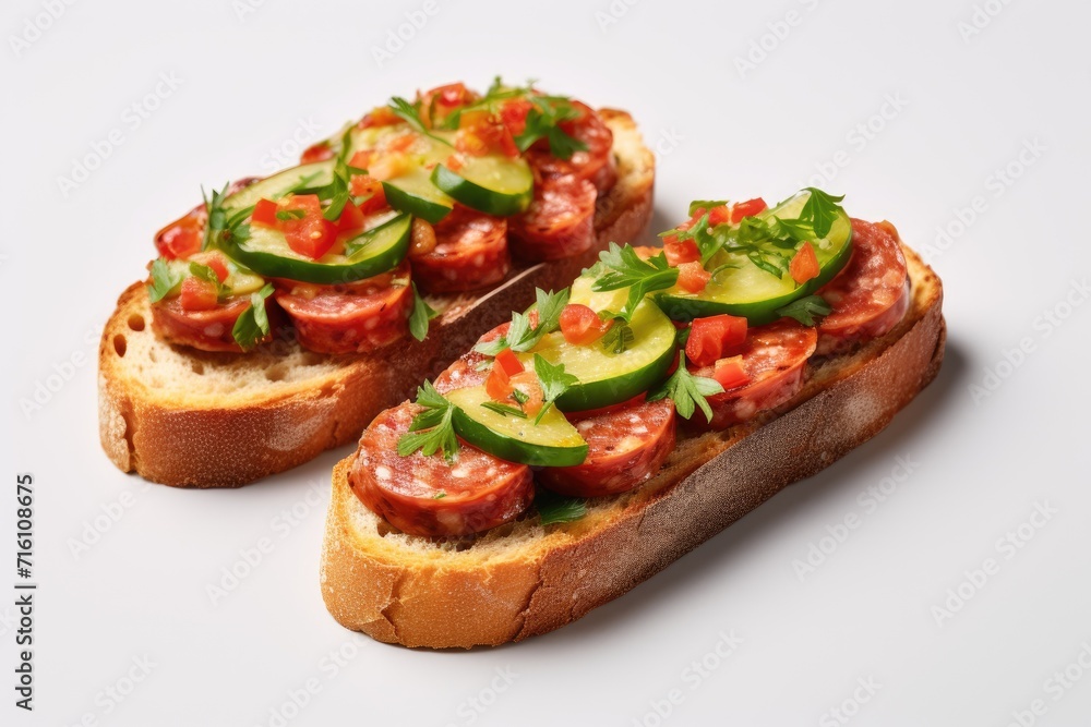 Sausage and veggie bruschetta on gray background Three salami sandwiches as appetizer isolated up close Vertical orientation