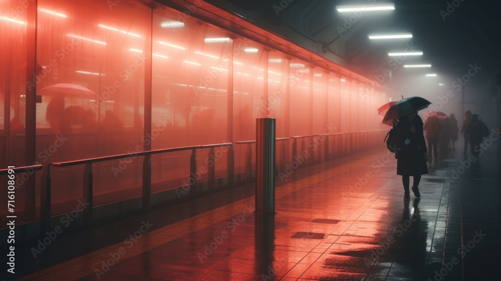 A woman walks through a foggy subway station. Generative AI. A woman walks through a foggy subway station. Generative AI.