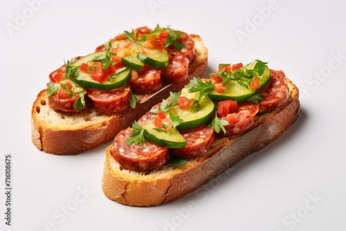 Sausage and veggie bruschetta on gray background Three salami sandwiches as appetizer isolated up close Vertical orientation