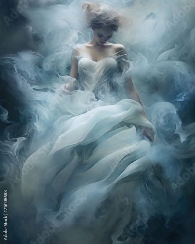 A woman in a white dress is surrounded by smoke. Generative AI.