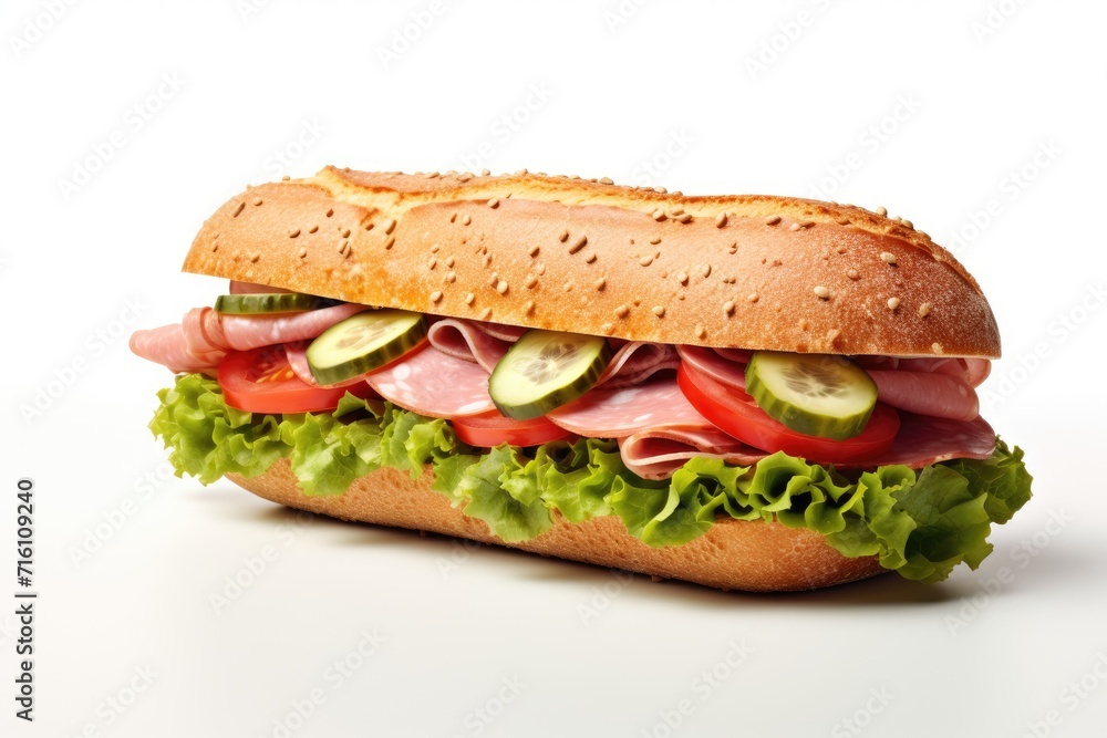 Tasty white isolated sandwich with fresh veggies and salami Tasty white isolated sandwich with fresh veggies and salami