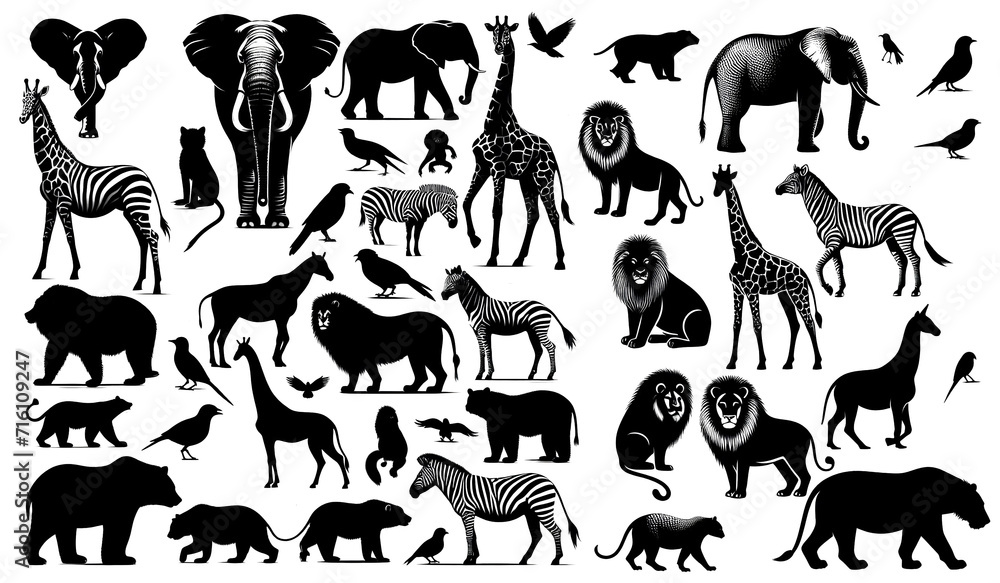 Naklejka premium Wildlife Silhouettes Collection Featuring Animals like Elephant, Tiger, Bear, Lion, Giraffe in Black Vector Illustrations
