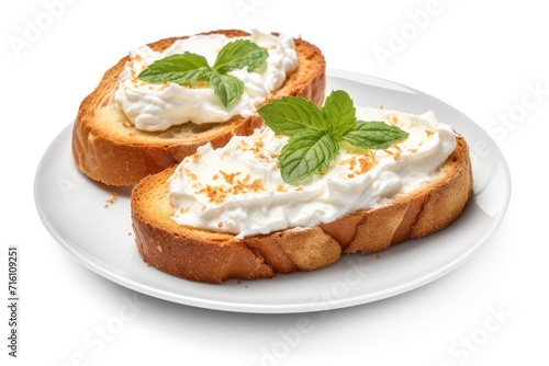 Cream cheese on toasted bread white background selective focus