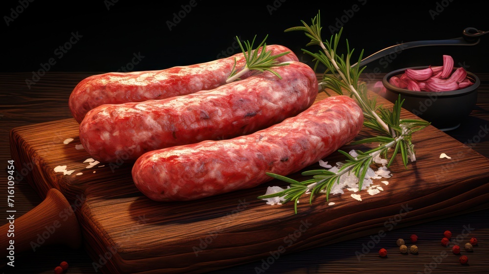 Close up view of grilled sausage, with sauce and rosemary.	