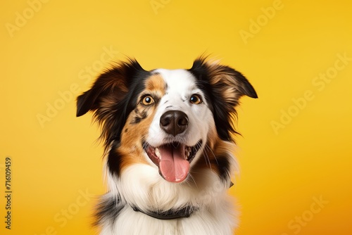 Australian Shepherd dog posing in yellow studio