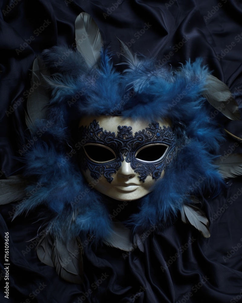 A blue and black mask with feathers on a black background. Generative AI.