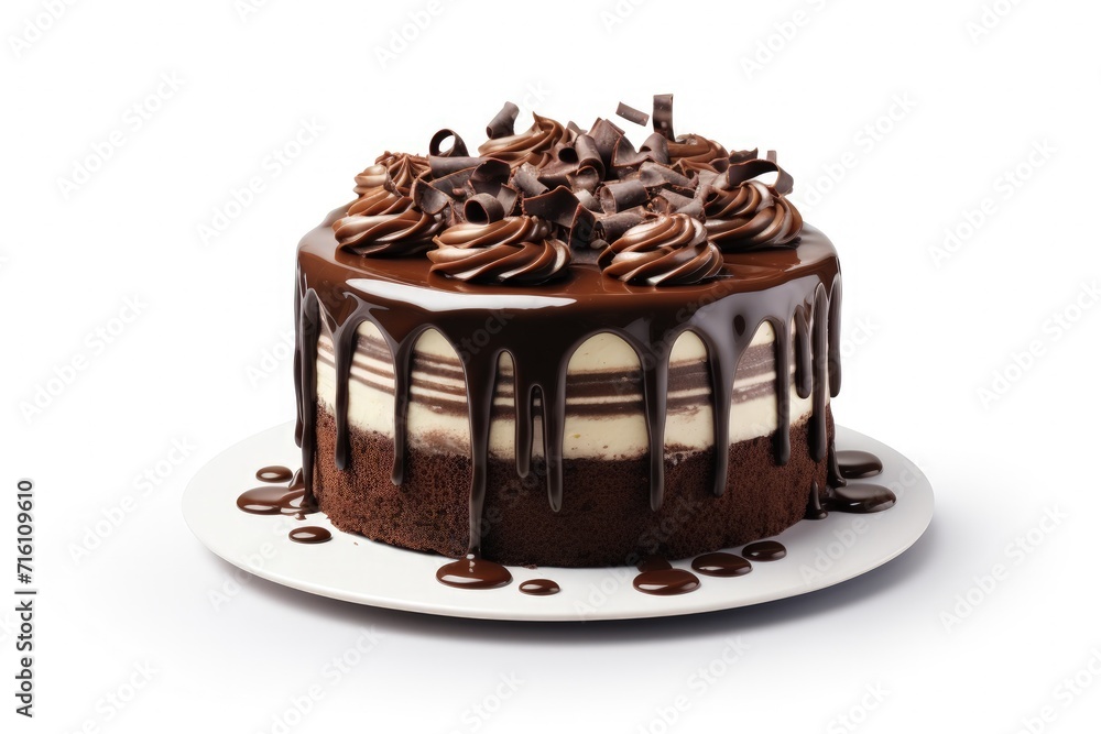 Chocolate cake with fudge icing and chocolate curls on white background Chocolate cake with fudge icing and chocolate curls on white background