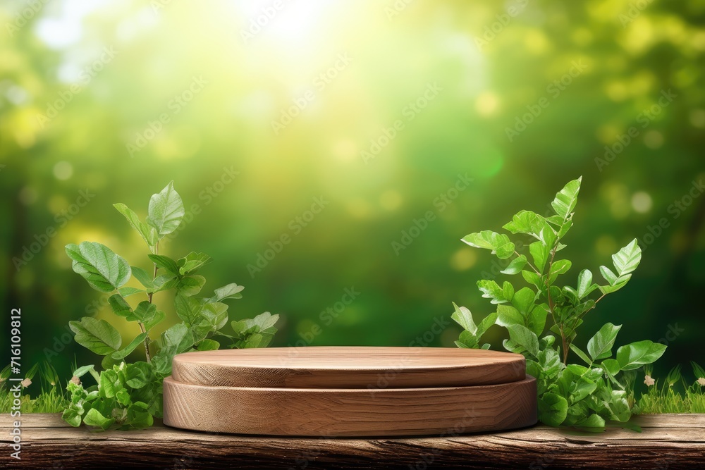 The image depicts a wooden podium placed on a patch of grass with a tree branch holding a fresh green leaf in the background The image depicts a wooden podium placed on a patch of grass with a tree branch holding a fresh green leaf in the background