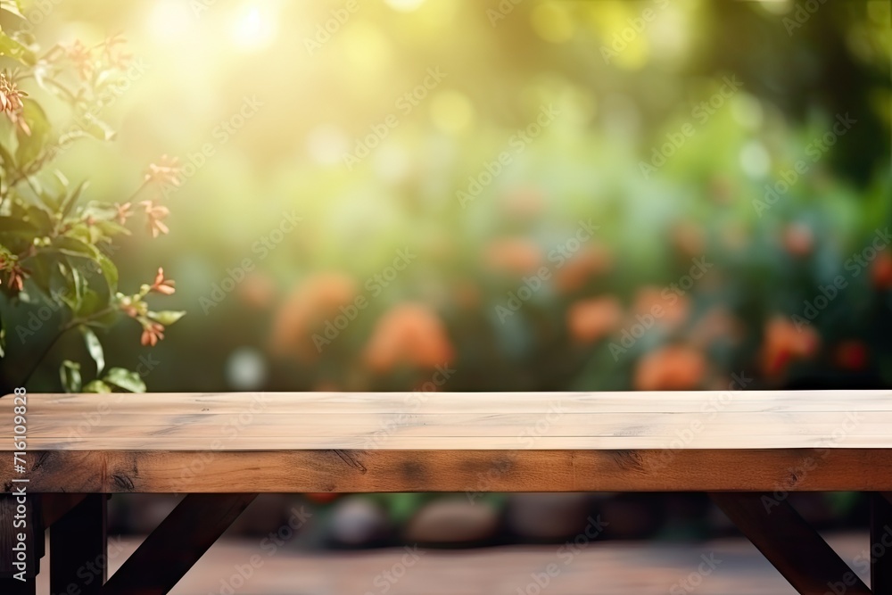 Wooden table with outdoor theme mockup for product display Wooden table with outdoor theme mockup for product display