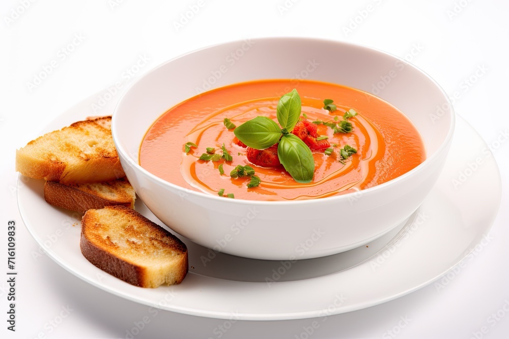 Vegan tomato soup on white plate Vegan tomato soup on white plate