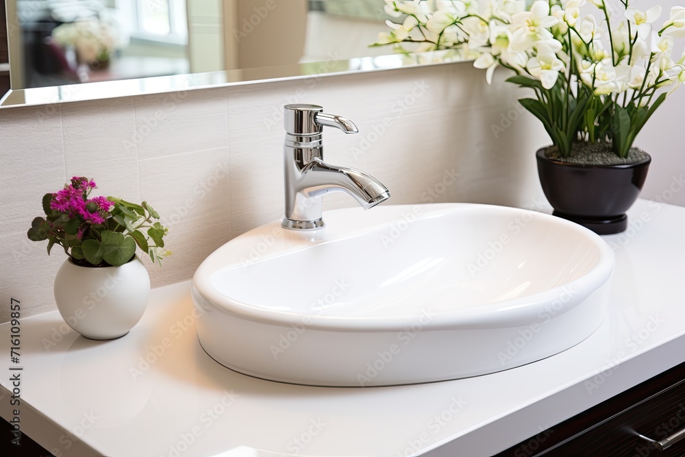 A high-end, elegant white porcelain sink placed on a bathroom counter. A high-end, elegant white porcelain sink placed on a bathroom counter.