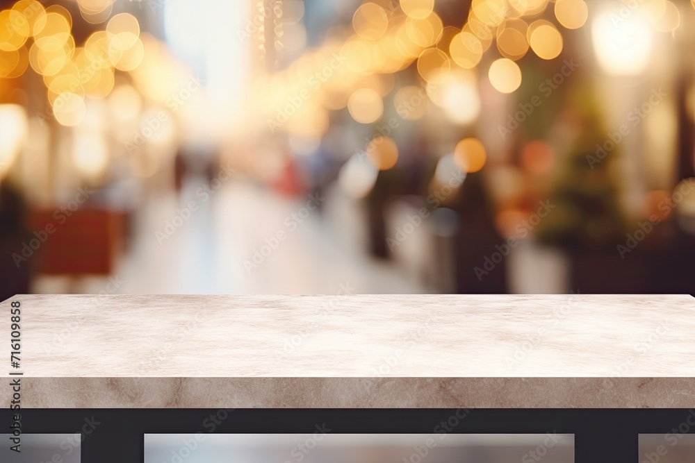 Table with empty marble top in a coffee shop background suitable for product display or online advertising banner in business presentations