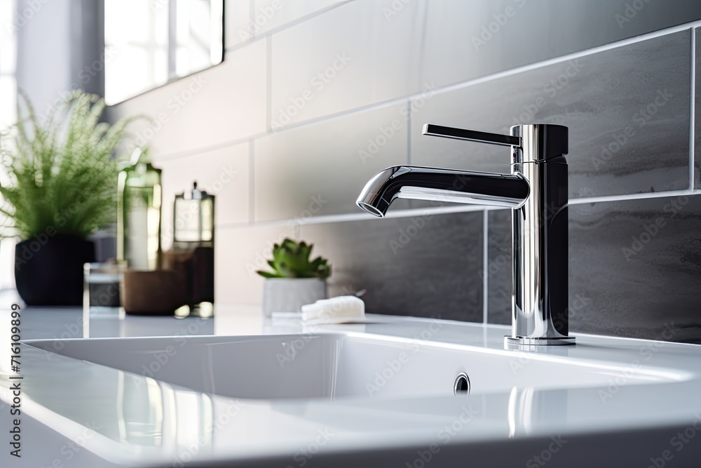 A water tap or faucet that releases water into a sink in a modern and clean bathroom in a house, representing the concept of hygiene. A panoramic view is provided. A water tap or faucet that releases water into a sink in a modern and clean bathroom in a house, representing the concept of hygiene. A panoramic view is provided.