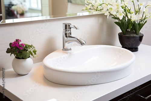 A high-end  elegant white porcelain sink placed on a bathroom counter.