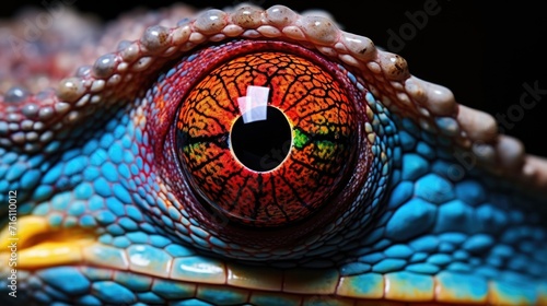 A zoomedin look at a chameleons eye reveals its unique ability to change color, thanks to specialized cells called chromatophores that manipulate light to produce a range of shades.” photo