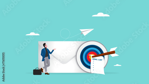 target email marketing, Digital Marketing Business Newsletter, subscribing to a newsletter or sending online promotions to direct customers to a website, businessman with paper plane and target email