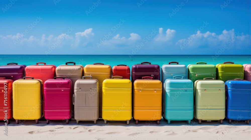 Summer time, travelers suitcases are lined up on the beach sand, on a sunny day it's time for a holiday. Summer time, travelers suitcases are lined up on the beach sand, on a sunny day it's time for a holiday.