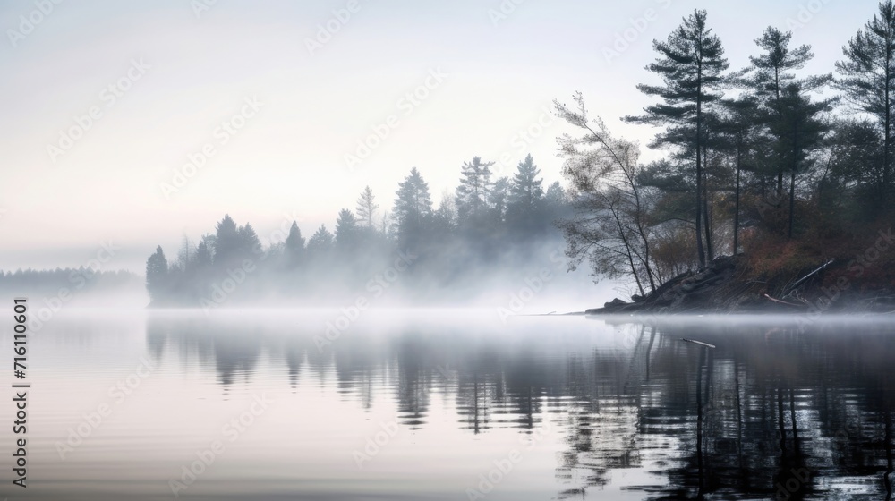 Foggy Reflections The calm waters of a lake reflecting hazy fog, creating a dreamy image.